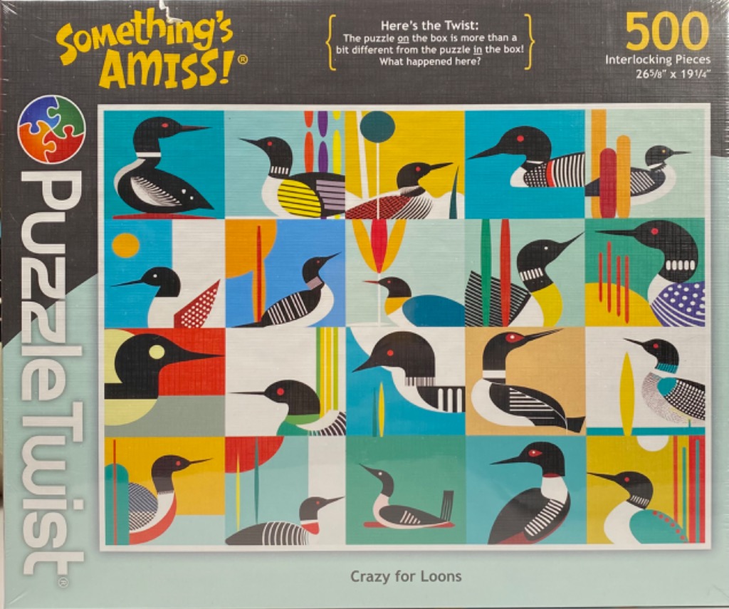 Grid illustration of twenty stylized loons in a mid-century modern graphic style with geometric patterns and bright colors.