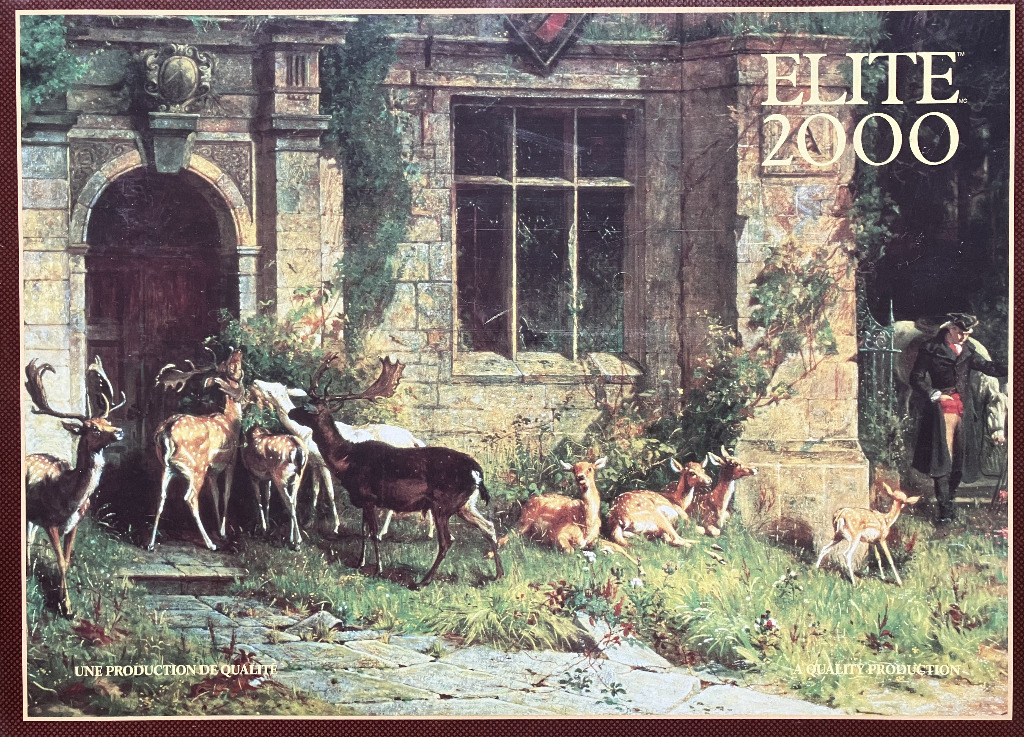 A group of deer graze on a stone patio outside an old English manor, with a man in 18th-century attire standing nearby.