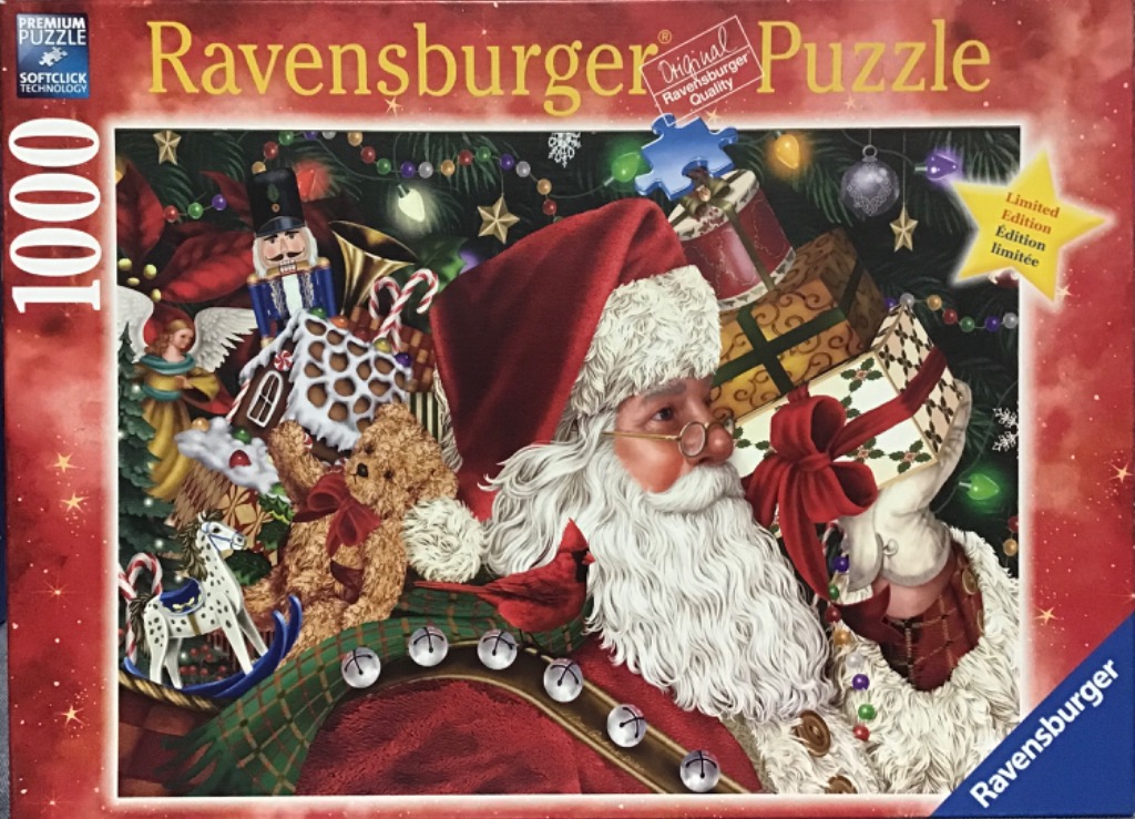 Santa Claus carrying a stack of Christmas gifts surrounded by holiday toys and decorations.