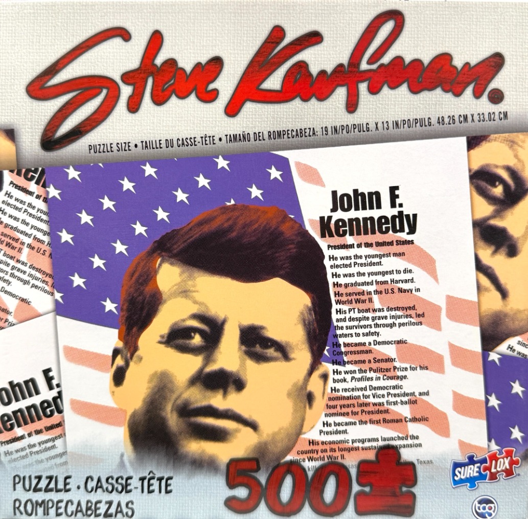 Pop art style portrait of John F. Kennedy overlaid on a faded American flag background with text highlights.