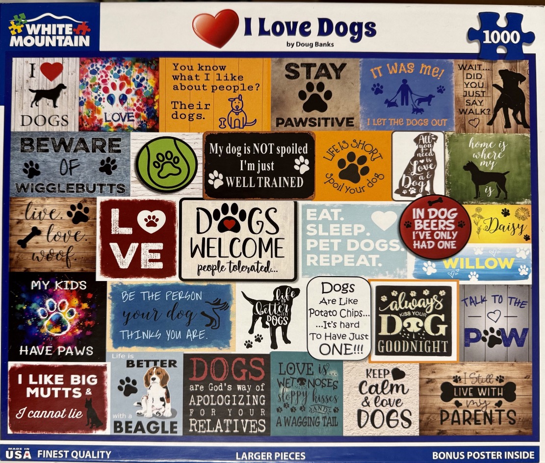 A collage of various dog-themed signs and illustrations featuring quotes and paw prints.