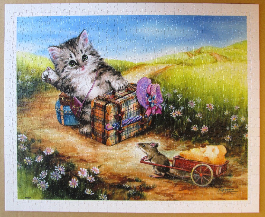 A fluffy tabby kitten with luggage encountering a mouse pulling a wagon of cheese on a sunny country path.
