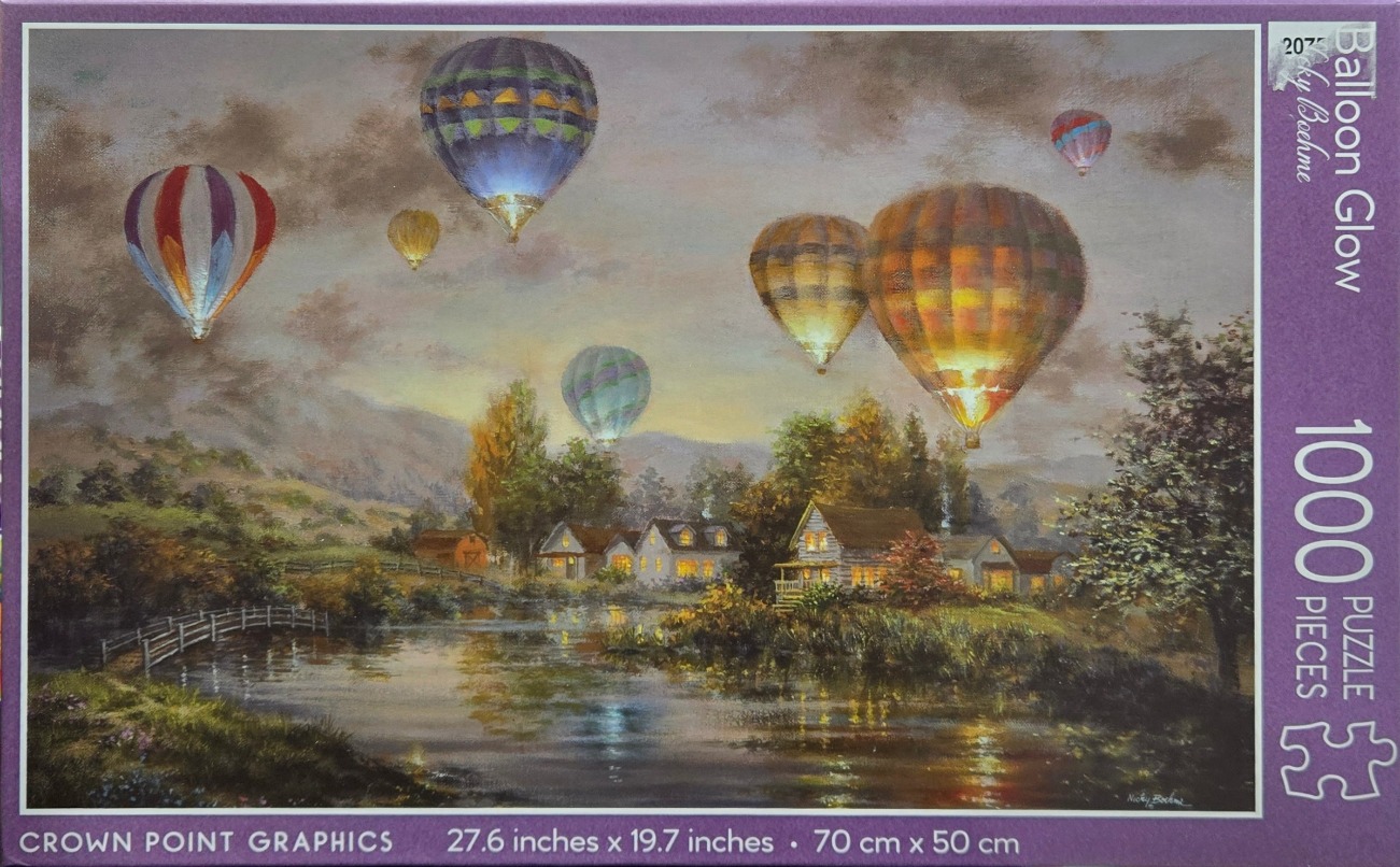 Oil painting of hot air balloons glowing above a tranquil countryside scene with a river and small houses at dusk.