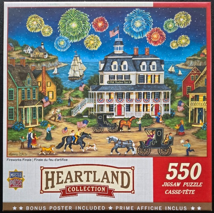 Folk art illustration of the Old Harbor Inn at night, with fireworks overhead and people enjoying a festive celebration.