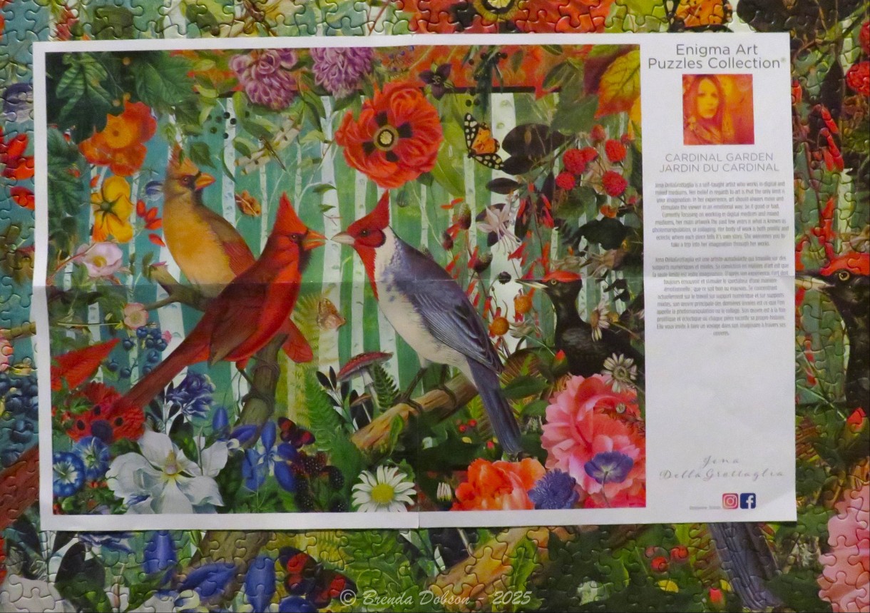 A lush, vibrant garden scene featuring colorful cardinals and various flowers in a digital painting style.