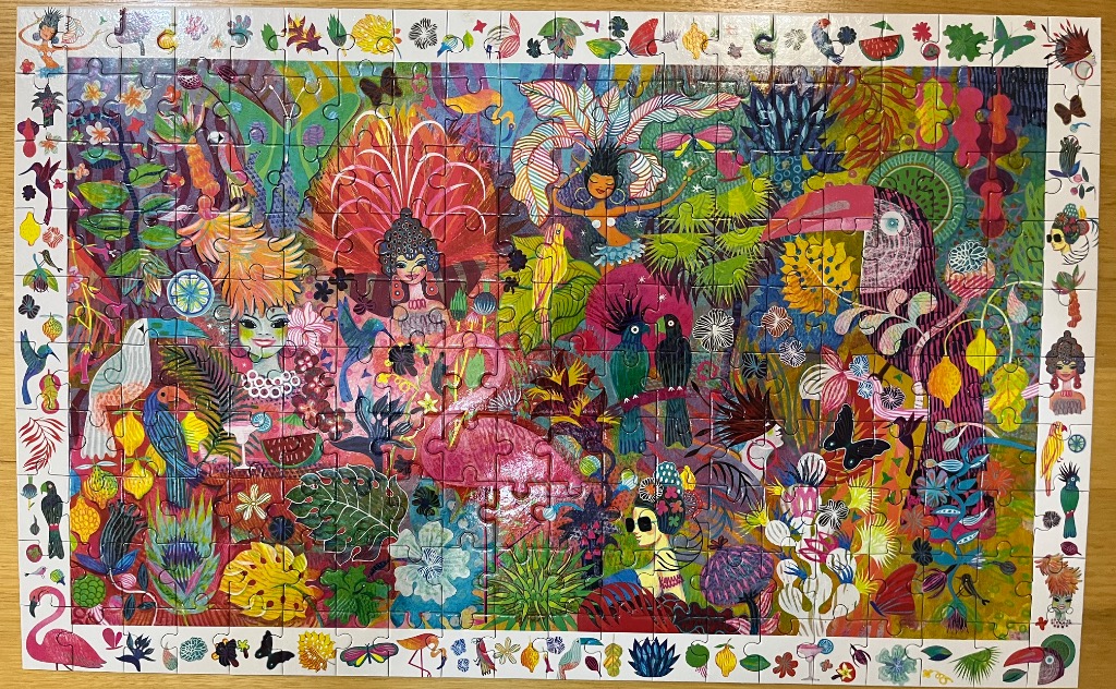 A vibrant, surreal jungle scene with a toucan, flamingo, and stylized women amidst lush, tropical flora.