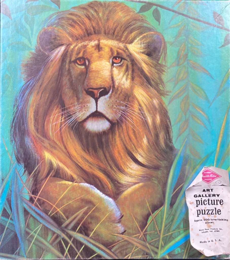 An illustration of a male lion peering through lush green foliage.