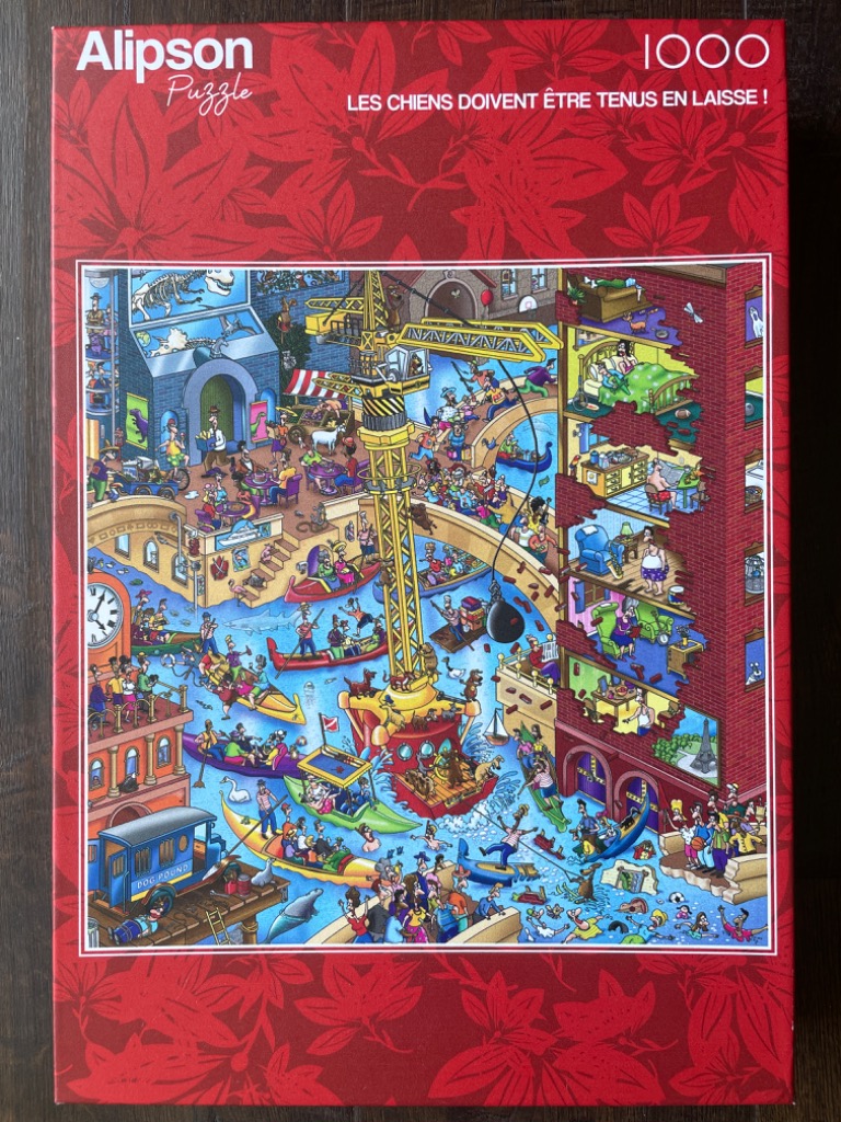 A chaotic, humorous cartoon illustration of a flooded city canal filled with people and a construction crane.