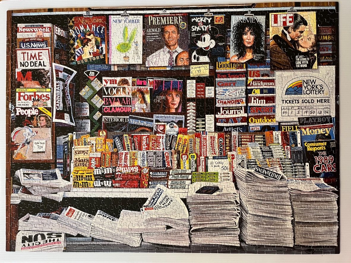 A detailed illustration of a crowded 1980s newsstand filled with magazines, newspapers, and candy bars.