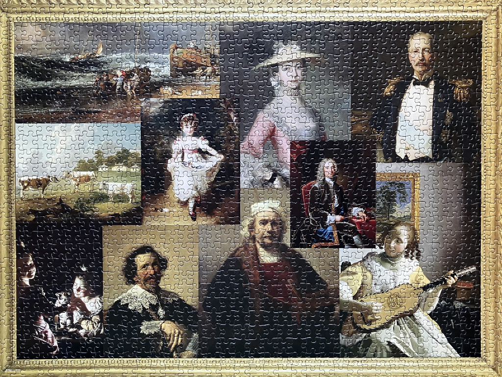 A collage of various classical European oil paintings featuring portraits, landscapes, and scenes.