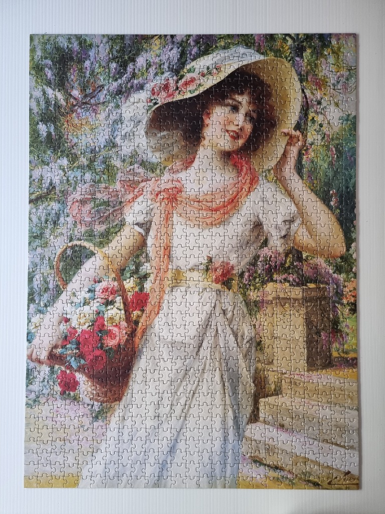 A vintage-style illustration of a smiling woman in a garden wearing a wide-brimmed hat and carrying a basket of flowers.