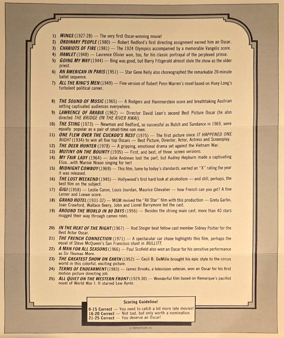 A list of 25 Academy Award-winning films with brief trivia descriptions arranged within a decorative border.