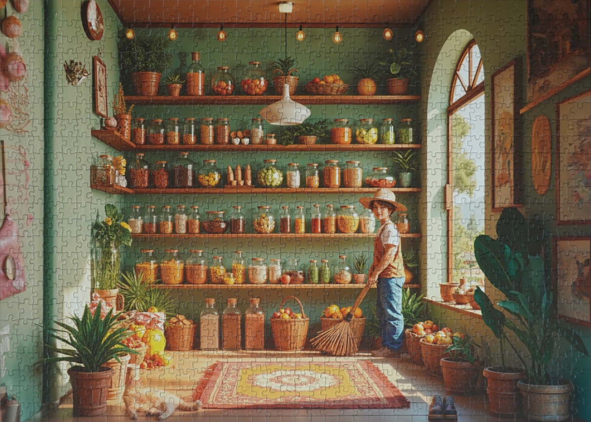 A young person sweeping in a cozy, green-walled pantry filled with jars and house plants.