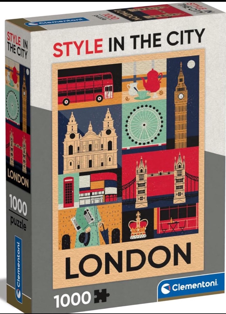 Collage of iconic London landmarks and cultural symbols in a modern, flat graphic illustration style.