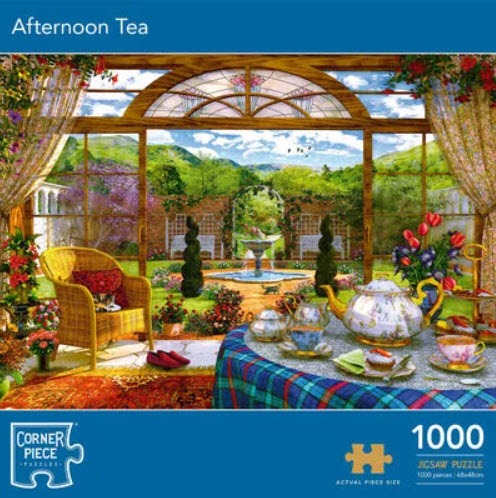 An illustration of a sunroom view overlooking a lush garden with a tea set in the foreground.