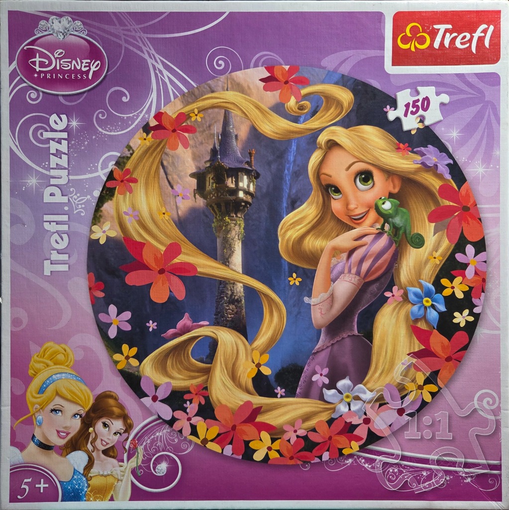 Rapunzel from Tangled with her long golden hair, a chameleon, and her stone tower, surrounded by flowers.