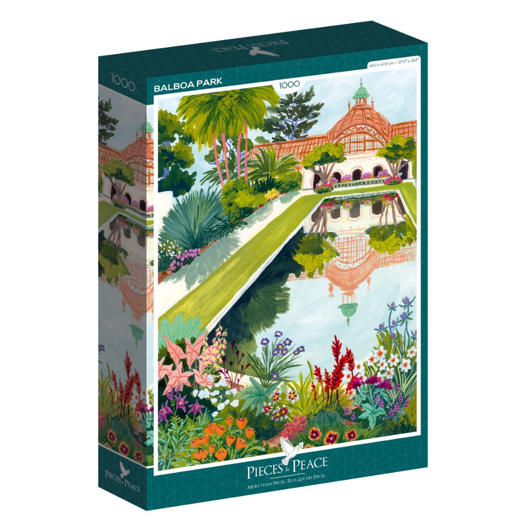 An impressionistic painting of the Balboa Park Botanical Building reflected in a lily pond surrounded by colorful flowers.