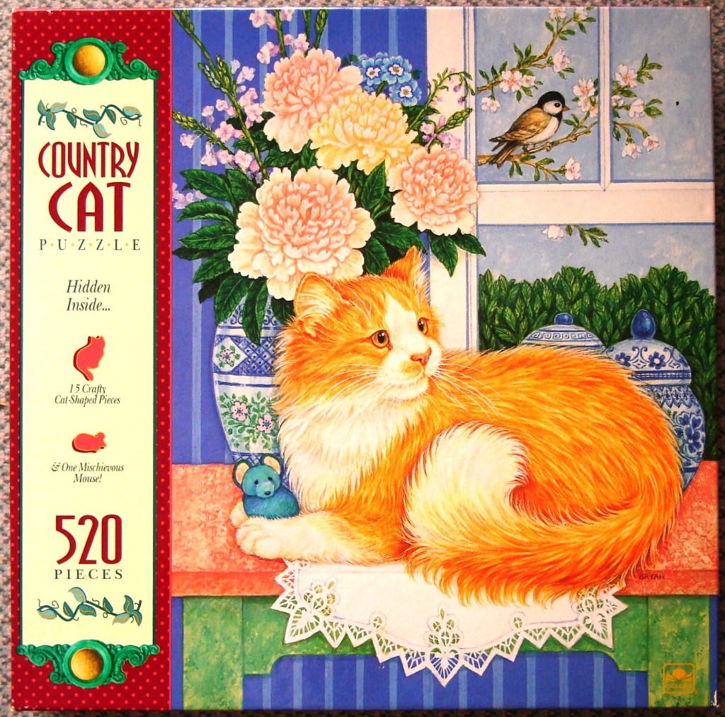An illustration of an orange fluffy cat sitting on a ledge next to a floral arrangement and a blue toy mouse.