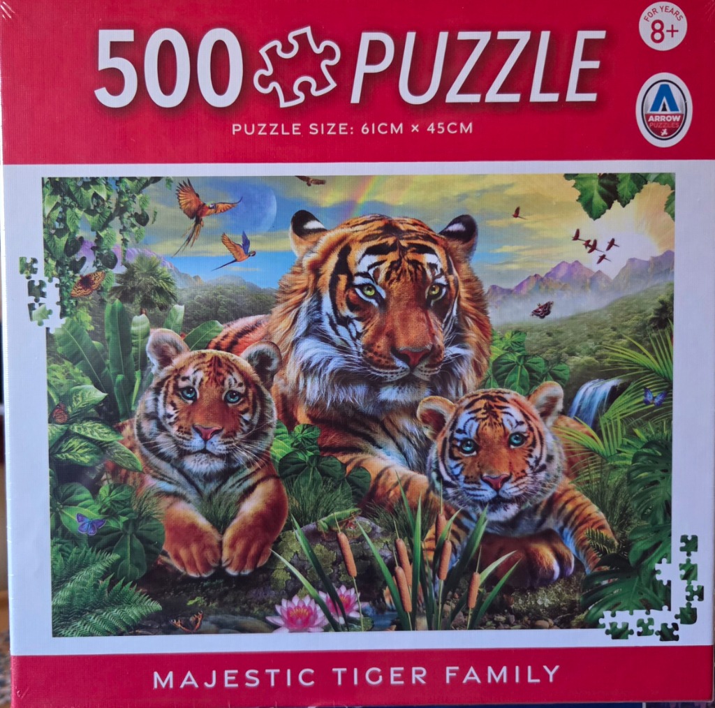 A mother tiger and two cubs resting in a lush jungle with a waterfall, exotic birds, and butterflies.