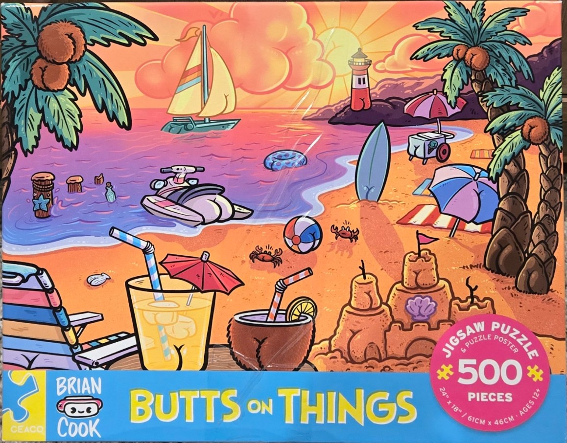 Cartoon beach scene with humorous butt-shaped elements, palm trees, and a sunset over the ocean.