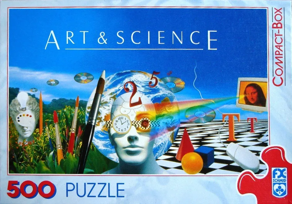 Surreal illustration blending scientific and artistic icons including a human face, Earth, clock, and computer graphics.