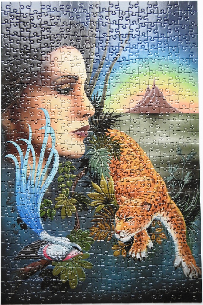 A surreal illustration of a woman’s face blended into a landscape featuring a leopard and a bird.