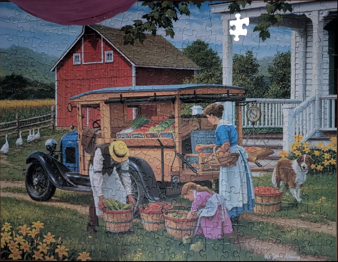A rural country scene featuring a family loading a vintage truck with produce from a garden beside a red barn and house.
