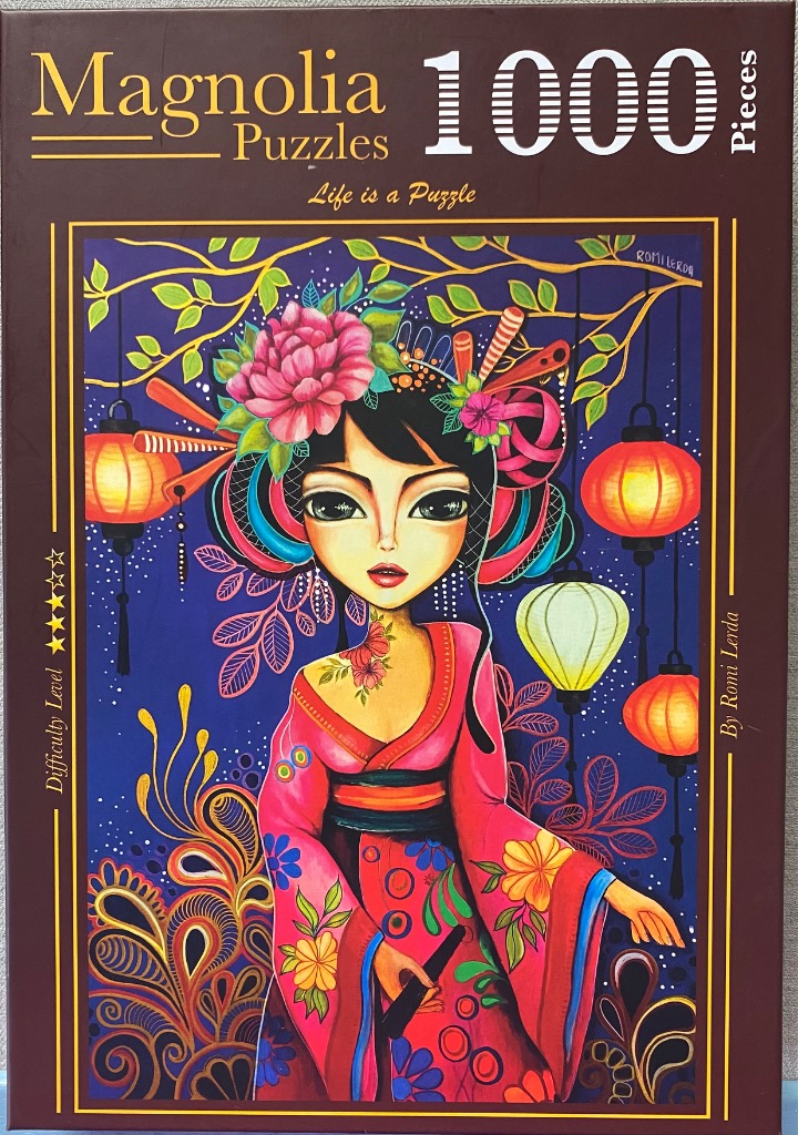 Stylized illustration of a woman in a kimono surrounded by glowing paper lanterns and ornate floral motifs.