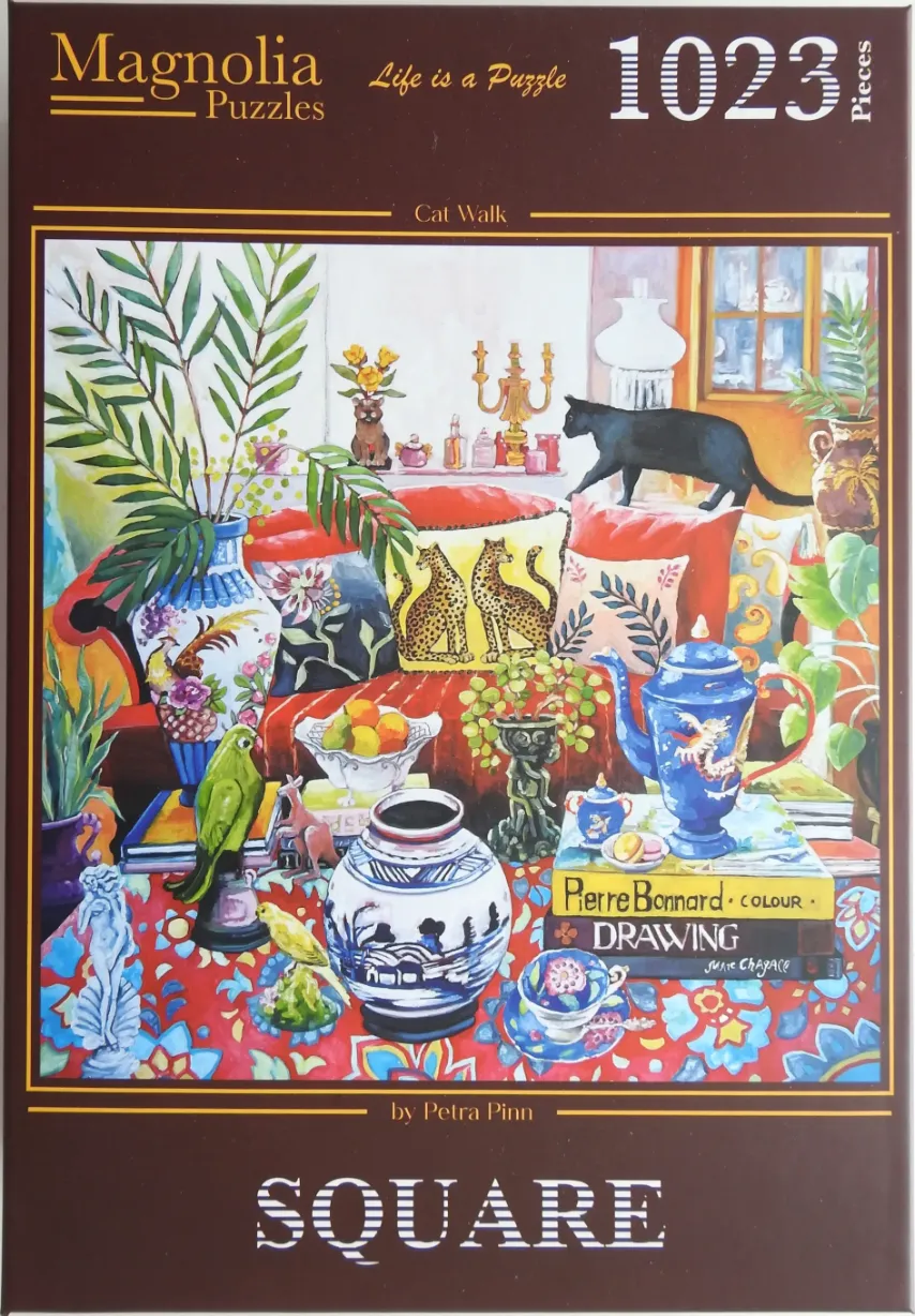 An oil painting style interior scene featuring a black cat walking on a red sofa, surrounded by decorative objects and plants