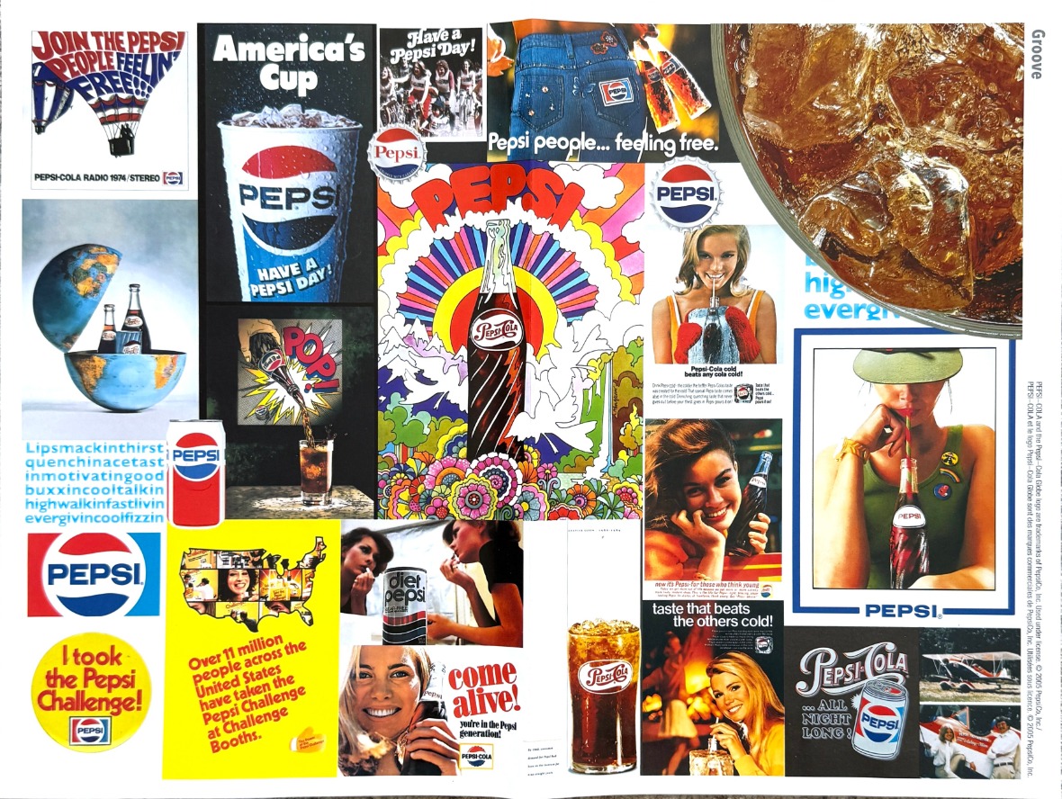 A collage of nostalgic advertisements featuring vintage soda imagery, colorful patterns, and people enjoying beverages.