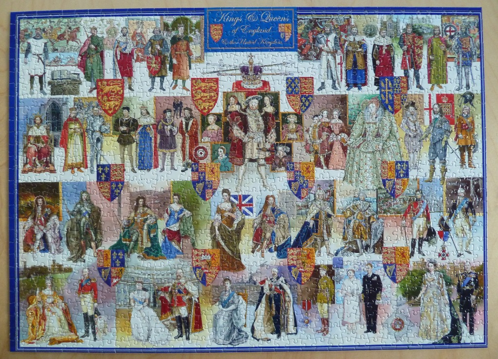 A montage of historical illustrations of English monarchs and heraldic shields on a blue background.