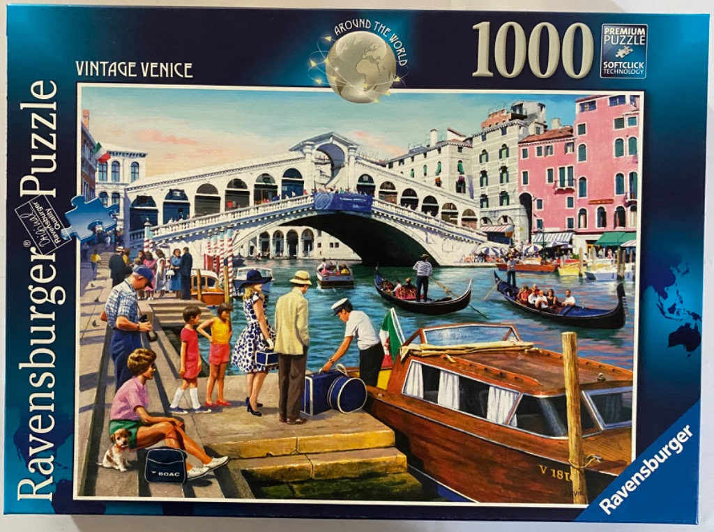 An oil painting of the Rialto Bridge in Venice with tourists on a canal quay.