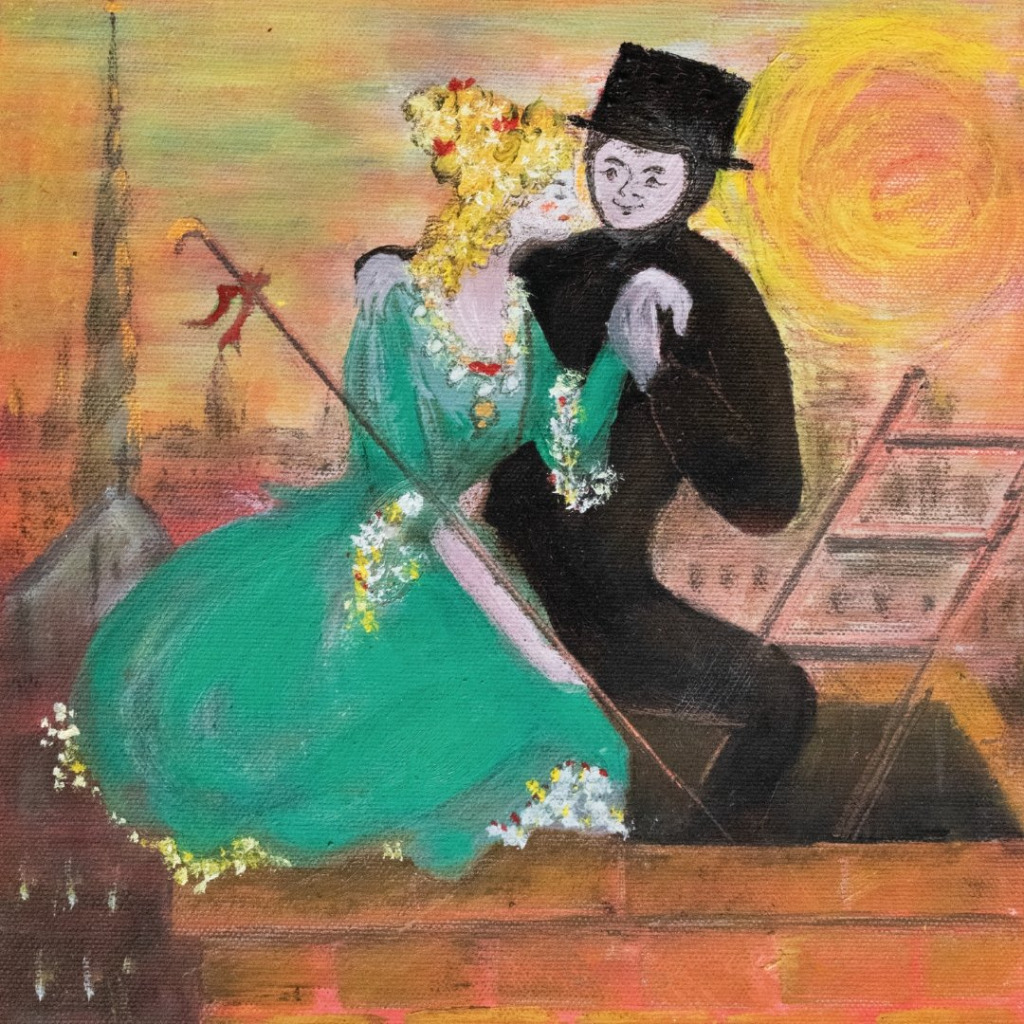 A whimsical oil painting of a woman in a green dress dancing with a man in a black suit on a rooftop at sunset.