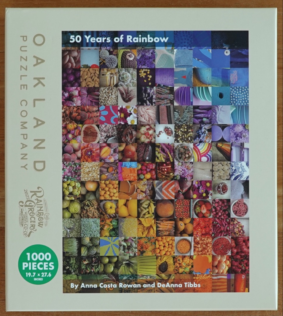 A collage of squares featuring diverse food items and textures arranged in a rainbow spectrum gradient.