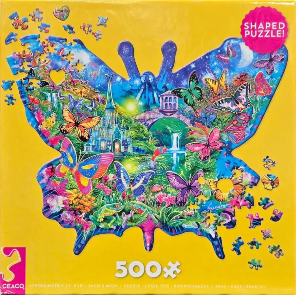 A whimsical butterfly-shaped scene featuring a fantasy castle, waterfalls, and vibrant flora and fauna.
