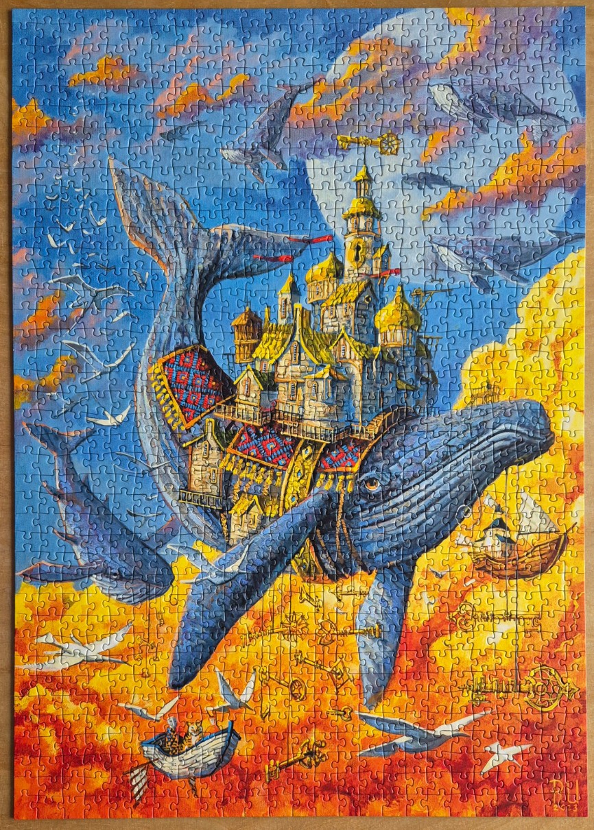 A whimsical illustration of a whale carrying a castle on its back through a sunset sky filled with flying keys and birds.