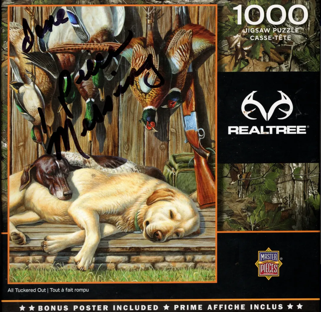 Painting of a sleeping Labrador retriever and a pointer dog resting beneath hanging game birds and a shotgun.
