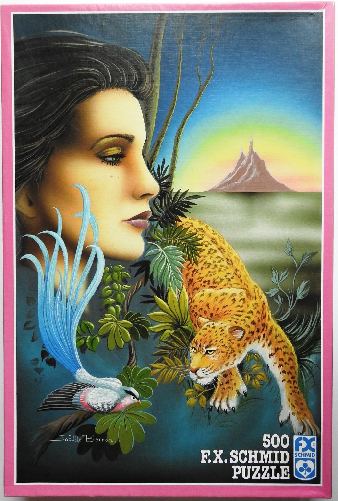 Surreal painting of a woman's profile, a leopard, and a bird of paradise in a lush, sunset-lit landscape.
