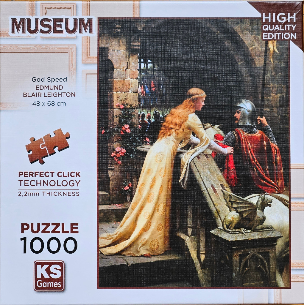 Painting of a medieval lady in a gold dress leaning to touch a knight in armor on horseback at a castle gate.