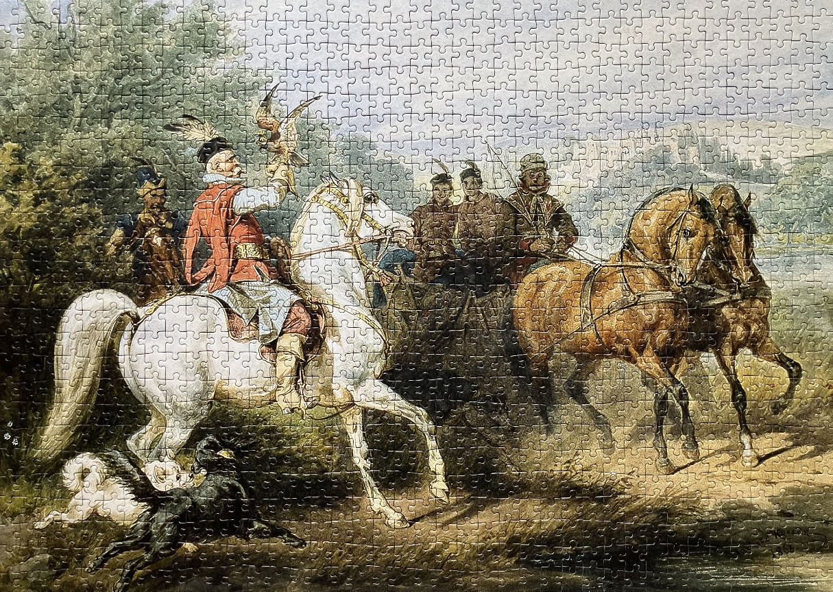 Historical painting of a noble falconer on a white horse with attendants and hunting dogs in a landscape.
