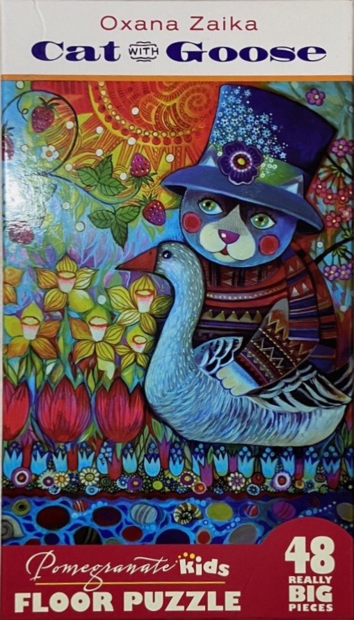 An illustration of a cat wearing a purple hat riding on the back of a goose in a vibrant, decorative garden.