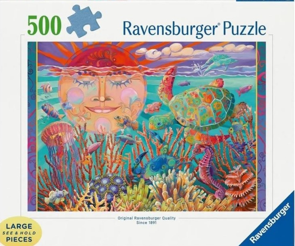 Colorful illustration of a stylized sun with a human face descending into a vibrant coral reef filled with sea life.