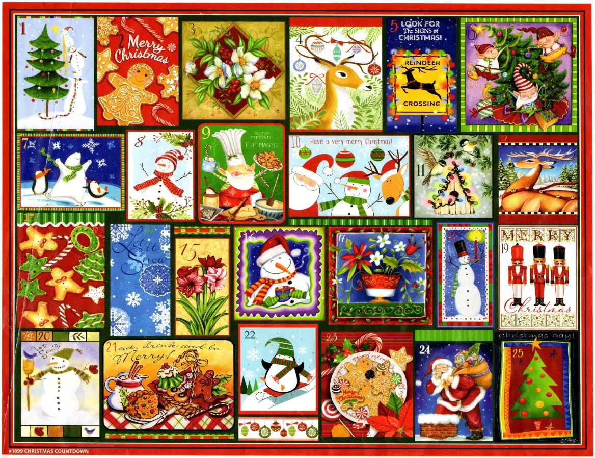 A festive Christmas countdown grid containing 25 individual illustrations of holiday scenes.