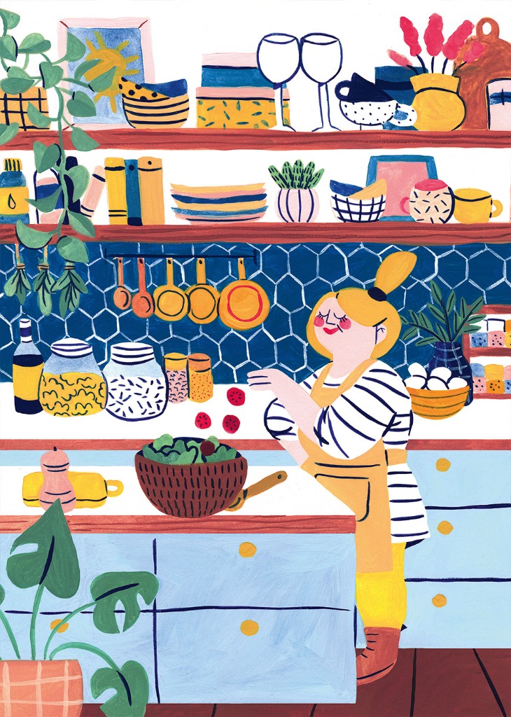 An illustrated woman in a kitchen tosses salad ingredients into a bowl against a blue hexagon tile backsplash.