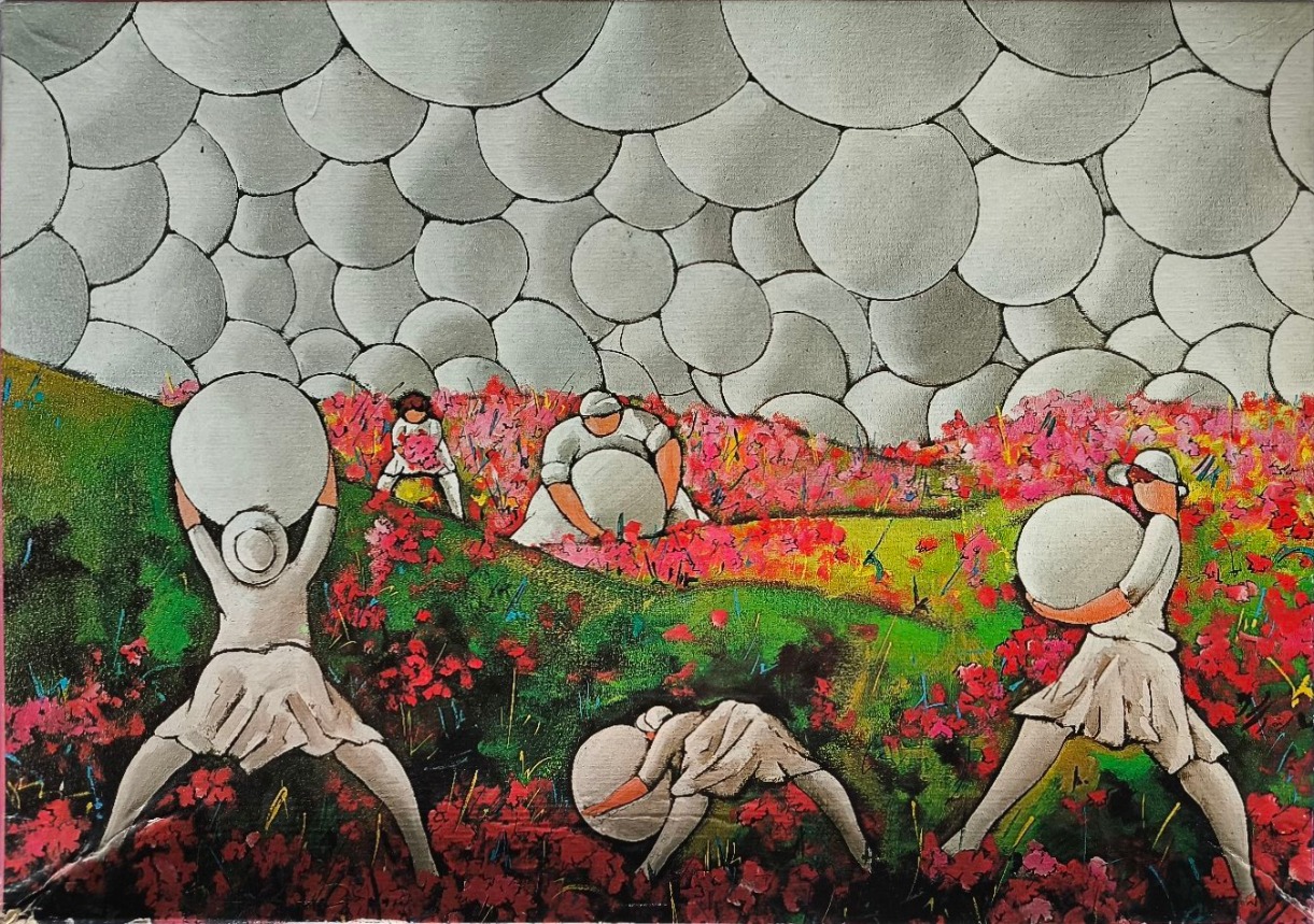 Surrealist illustration of figures in white carrying large white spheres through a vibrant meadow of red flowers.