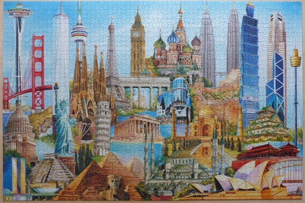 A vibrant collage illustration of famous global landmarks and city skyscrapers packed into one scene.
