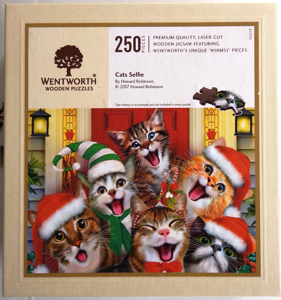 Five cats wearing Christmas hats and scarves pose for a selfie in front of a red front door.