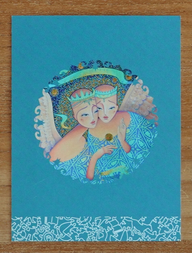Two elegant, crowned angelic figures intertwined against a circular, intricate blue background.