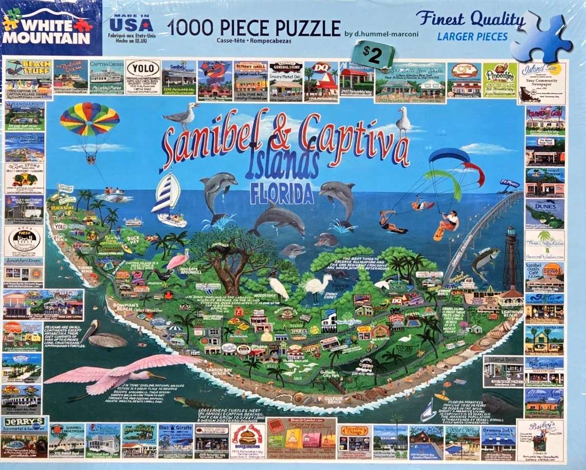 A whimsical map illustration of Sanibel and Captiva Islands in Florida featuring local wildlife and landmarks.
