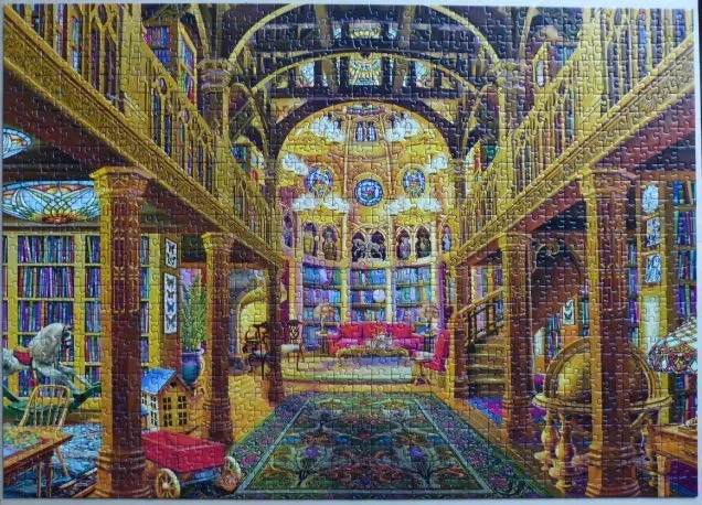 An illustration of an ornate, golden-hued Victorian library with stained glass, bookshelves, and a cozy seating area.